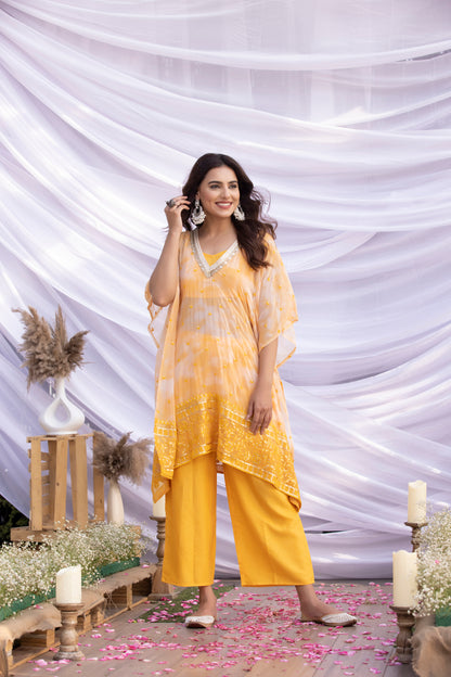 Yellow Shibori Embroidered Kaftan Set