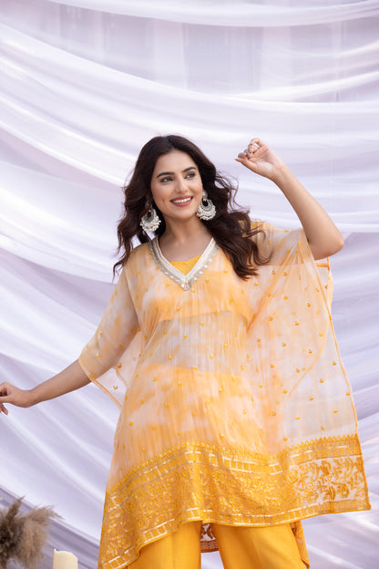 Yellow Shibori Embroidered Kaftan Set