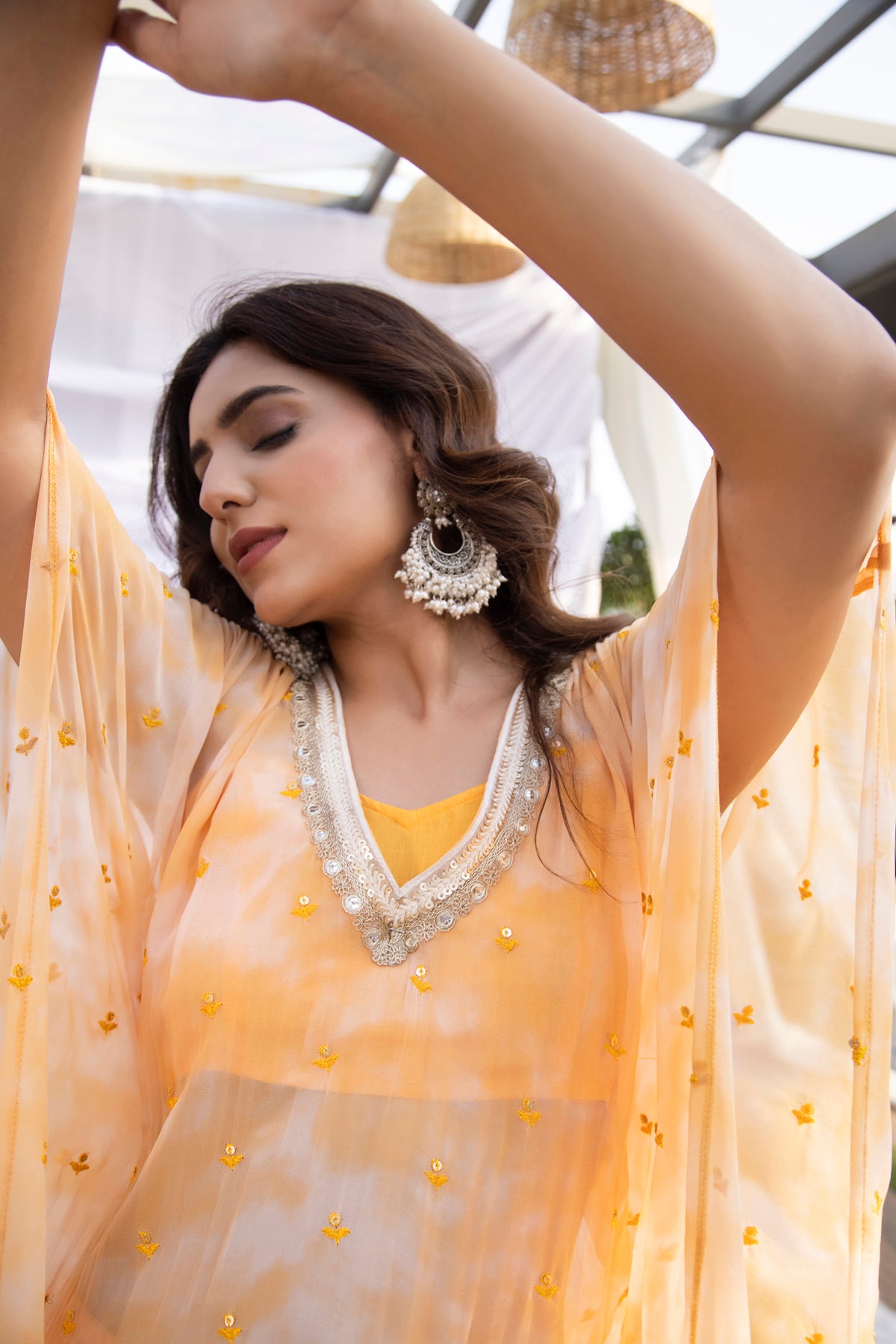 Yellow Shibori Embroidered Kaftan Set