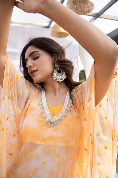 Yellow Shibori Embroidered Kaftan Set