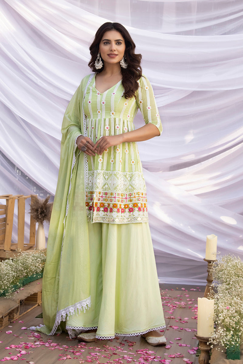 Pastel Green Multi-Color Embroidered Suit Set