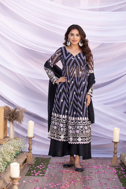 Black Aztec Print Embroidered Flared Suit Set