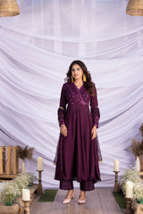 Wine Lace Embroidered Suit Set