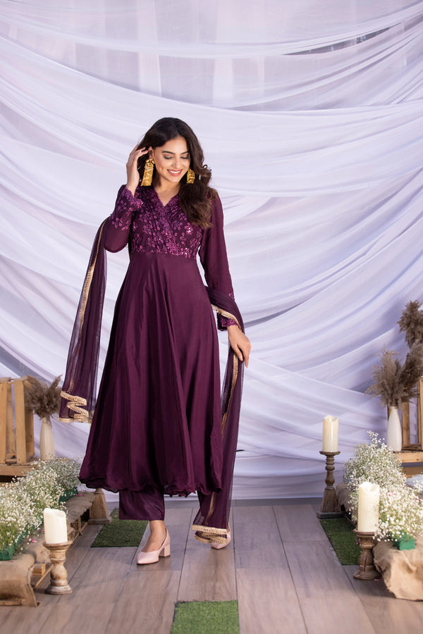 Wine Lace Embroidered Suit Set