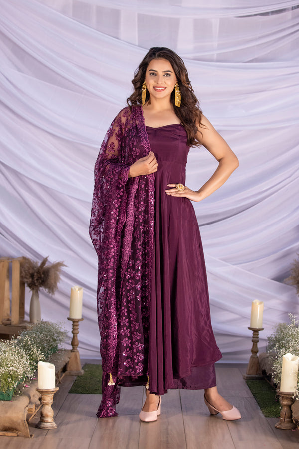Wine Halter Suit Set with Embroidered Dupatta