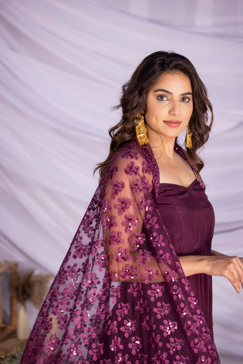 Wine Halter Suit Set with Embroidered Dupatta