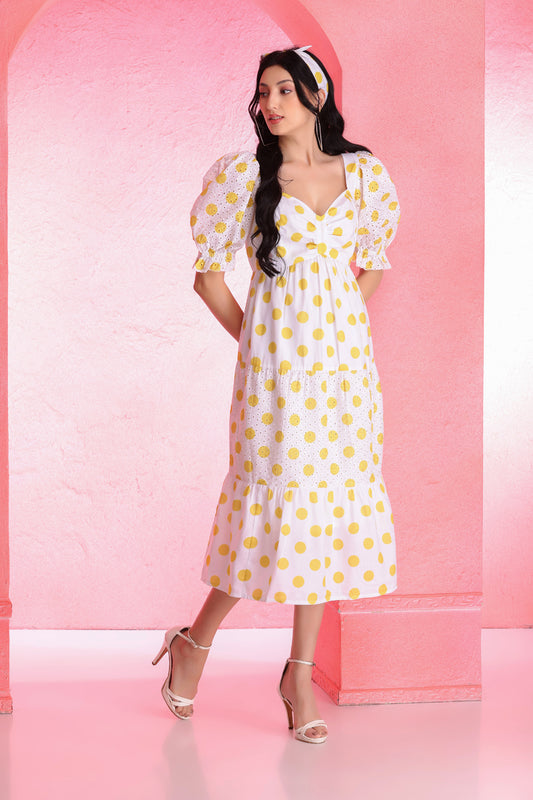 Yellow Polka Dot Schiffli Midi Dress