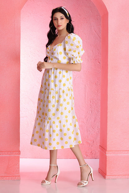 Yellow Polka Dot Schiffli Midi Dress
