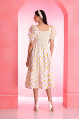 Yellow Polka Dot Schiffli Midi Dress
