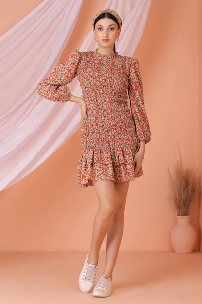 Coral Floral Smocked Short Midi Dress