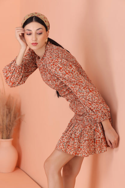 Coral Floral Smocked Short Midi Dress