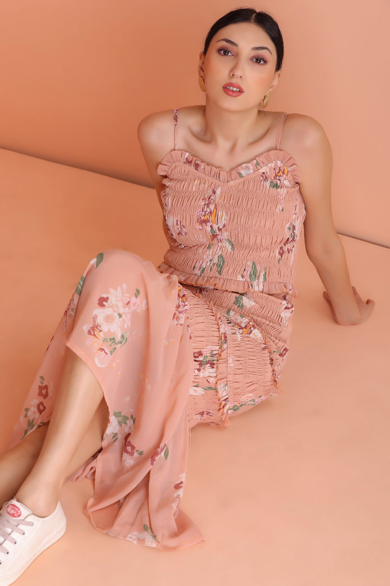Peach Floral Print Strappy Dress