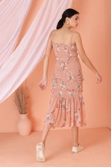 Peach Floral Print Strappy Dress