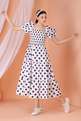 White and Black Polka Dot Schiffli Midi Dress