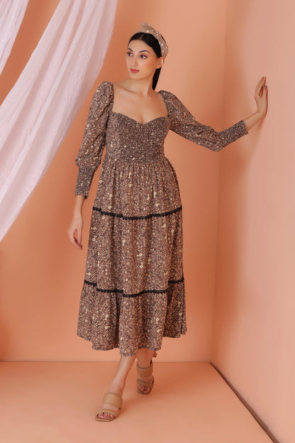 Brown Floral Print Midi Dress