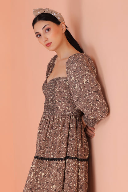 Brown Floral Print Midi Dress