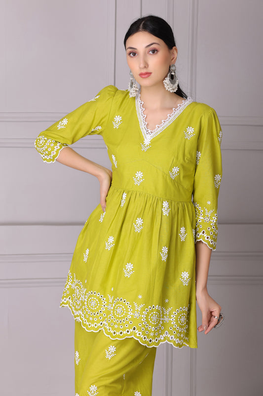 Lime Floral Bloom Embroidered Kurta Set