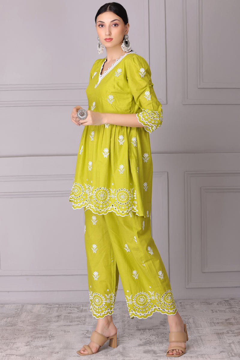 Lime Floral Bloom Embroidered Kurta Set