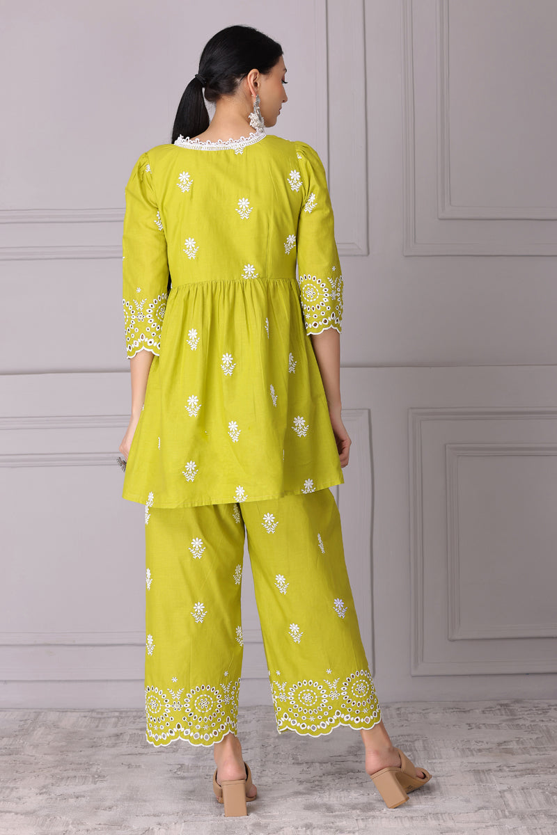Lime Floral Bloom Embroidered Kurta Set