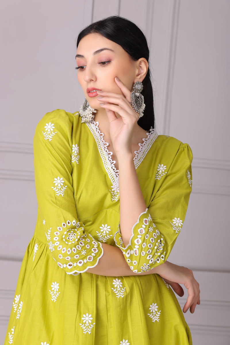 Lime Floral Bloom Embroidered Kurta Set