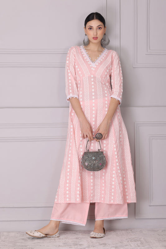 Baby Pink Lace Embroidered Kurta Set