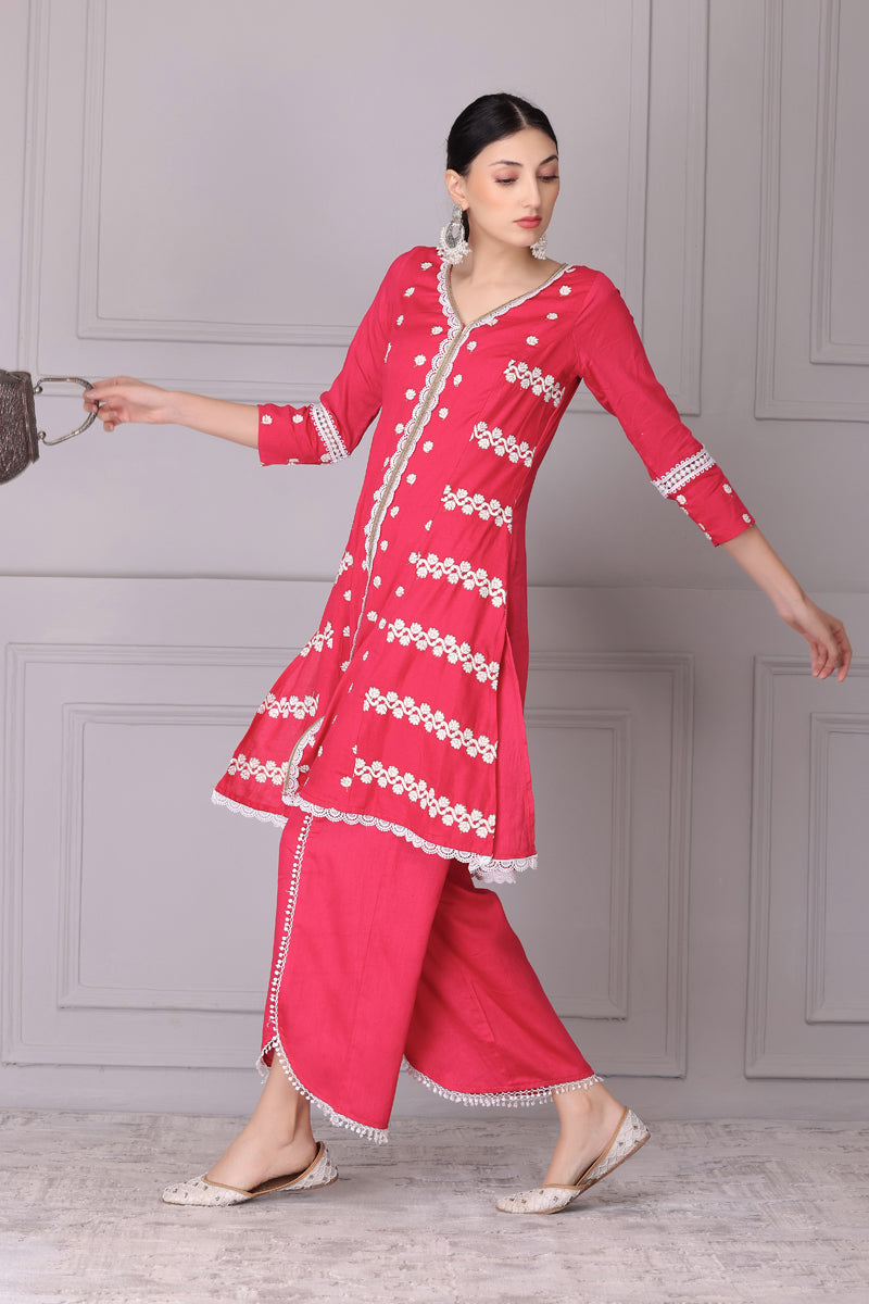 Bloom Pink White Embroidered Kurta Set