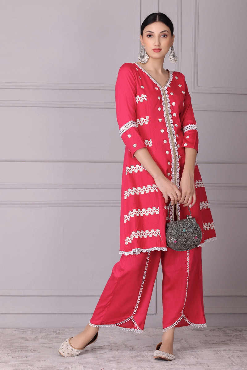 Bloom Pink White Embroidered Kurta Set