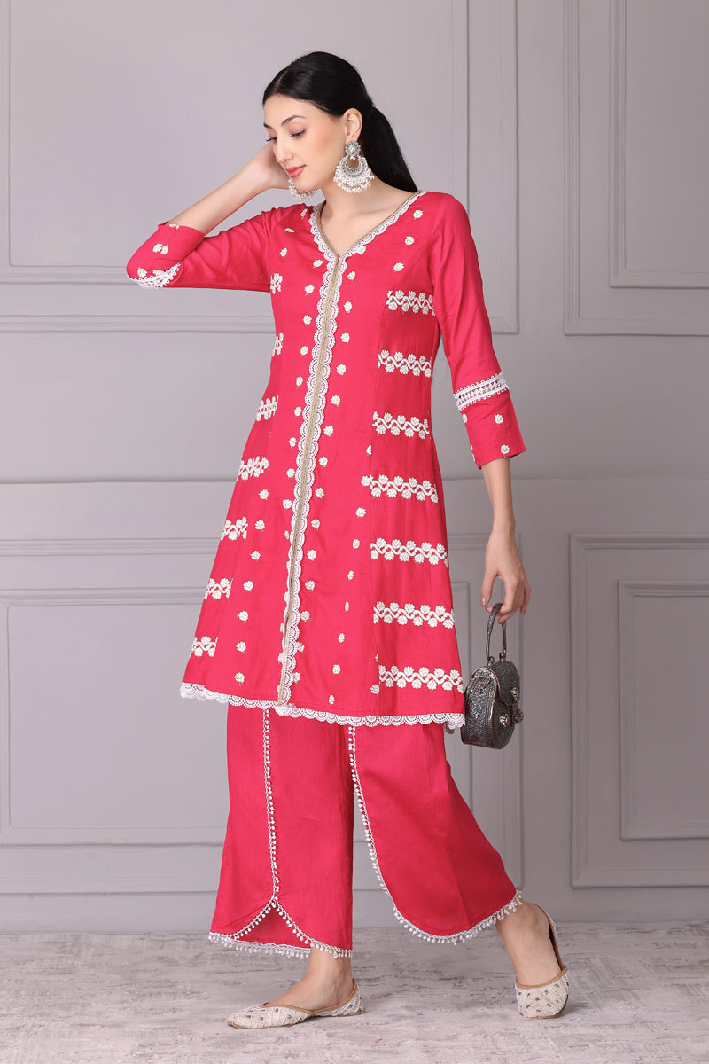 Bloom Pink White Embroidered Kurta Set