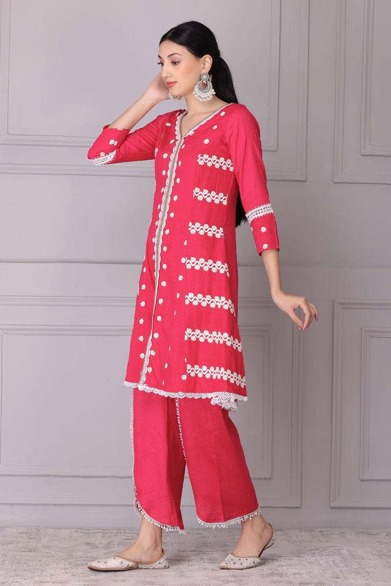 Bloom Pink White Embroidered Kurta Set