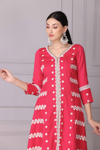 Bloom Pink White Embroidered Kurta Set