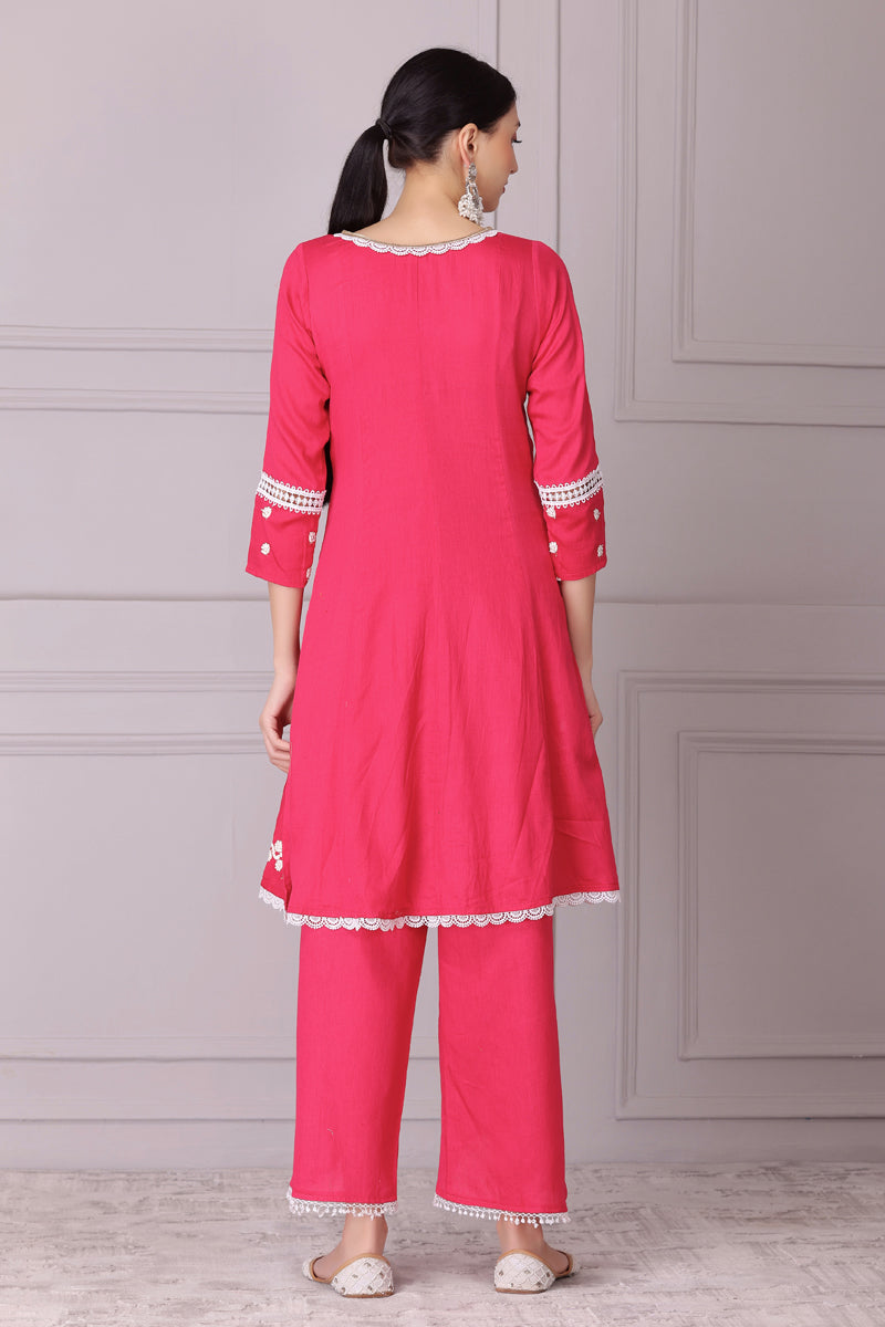 Bloom Pink White Embroidered Kurta Set