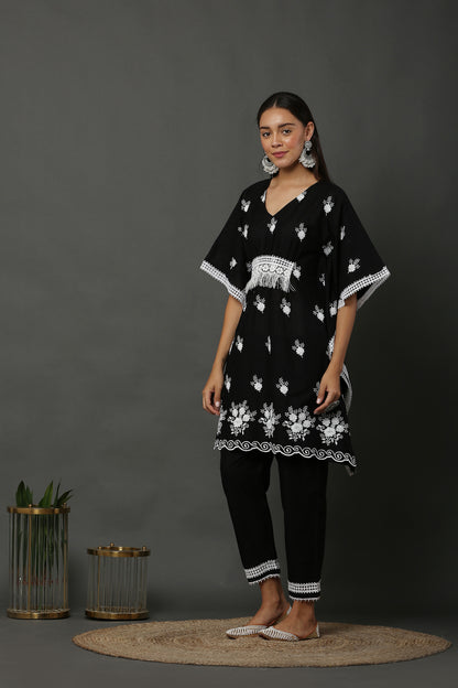 Black Scallop Embroidered Kaftan Set