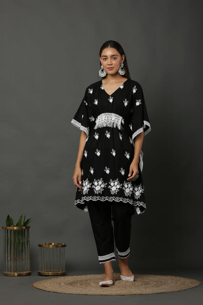 Black Scallop Embroidered Kaftan Set