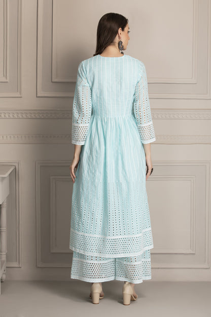 Aqua Angrakha Style Chikankari Kurta set
