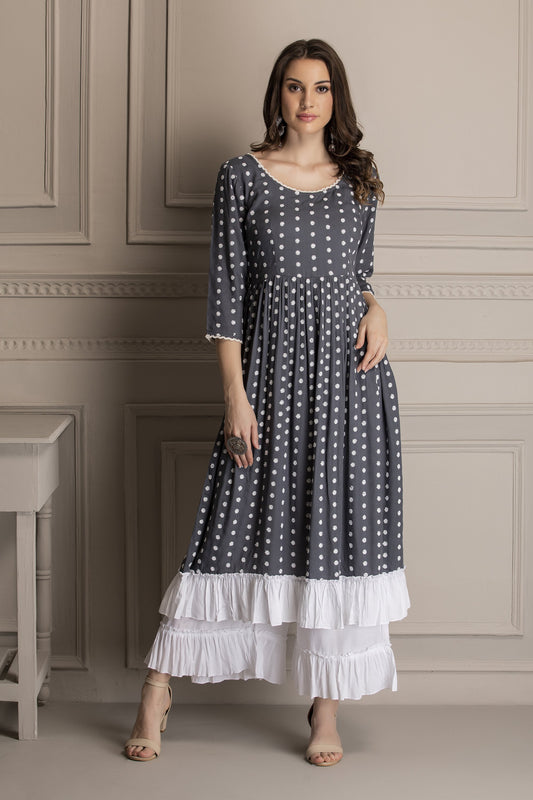 Grey and White Embroidered Kurta Set