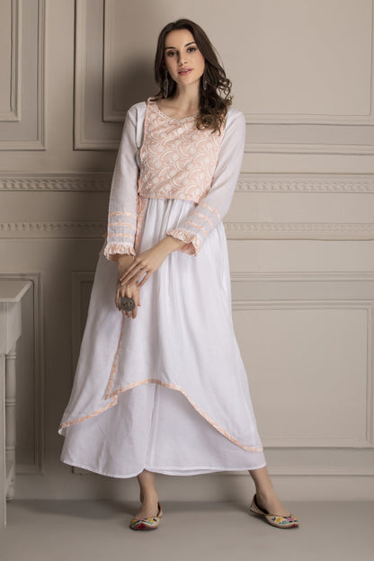 Peach and White Embroidered Kurta Set