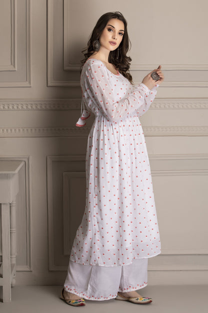 White and Fuschia Embroidered Kurta Set