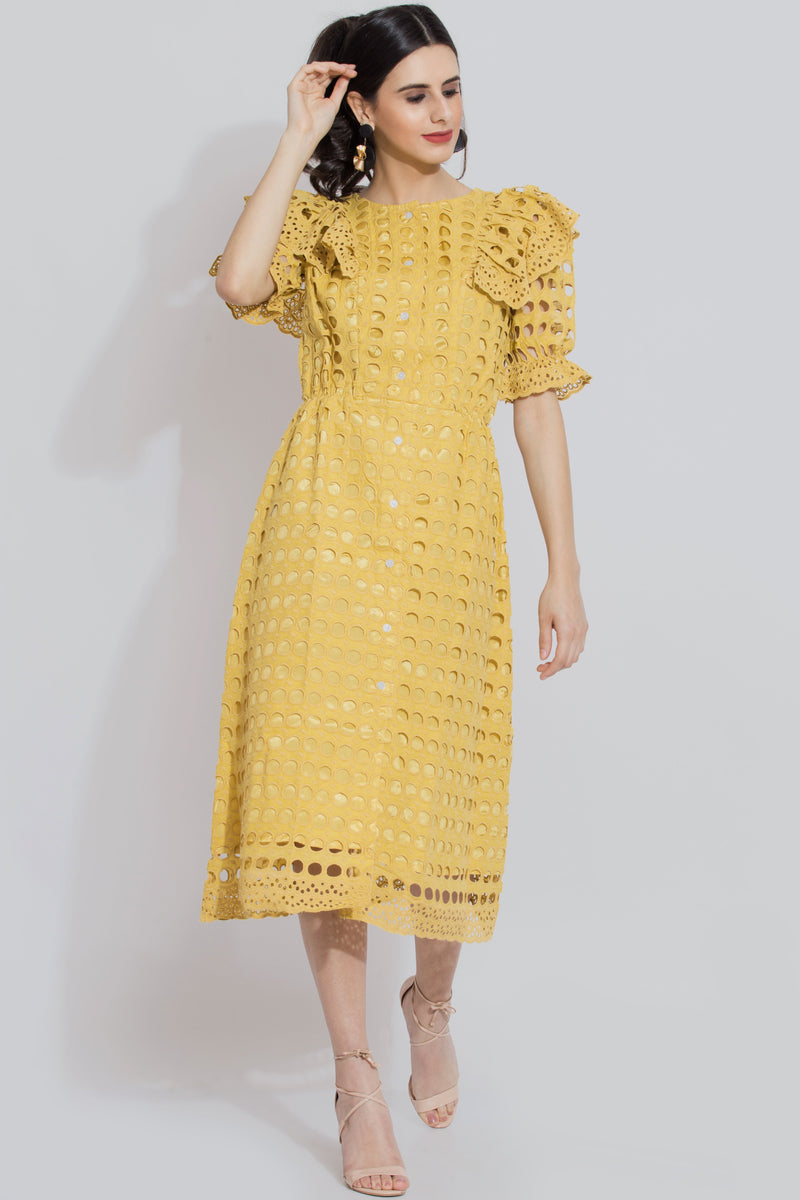 Mustard Schiffli Midi Dress - Sewandyou.com