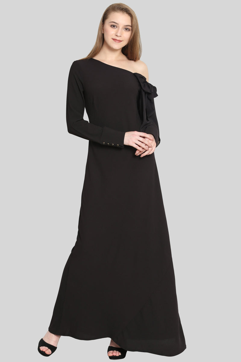 One Side Falling Shoulder Black Maxi Dress - sewandyou.com