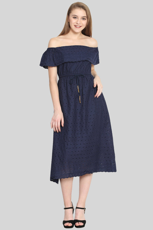 Navy Off shoulder embroidered dress