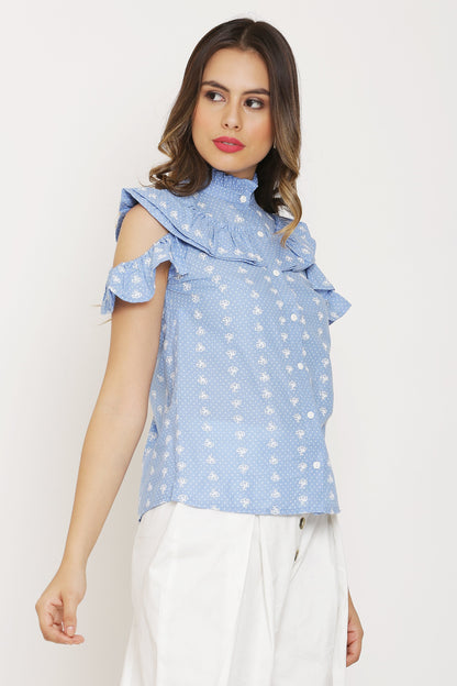 Blue and White Dot Print Top
