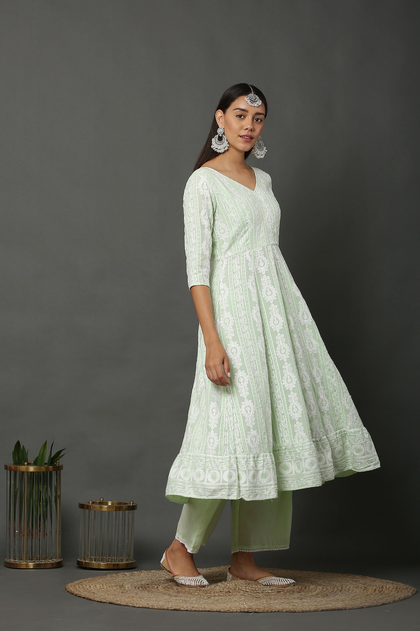 Lime Chain Stitch Embroidered Kurta Set with Dupatta