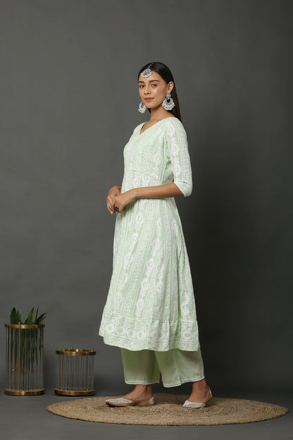 Lime Chain Stitch Embroidered Kurta Set with Dupatta