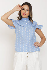 Blue and White Dot Print Top