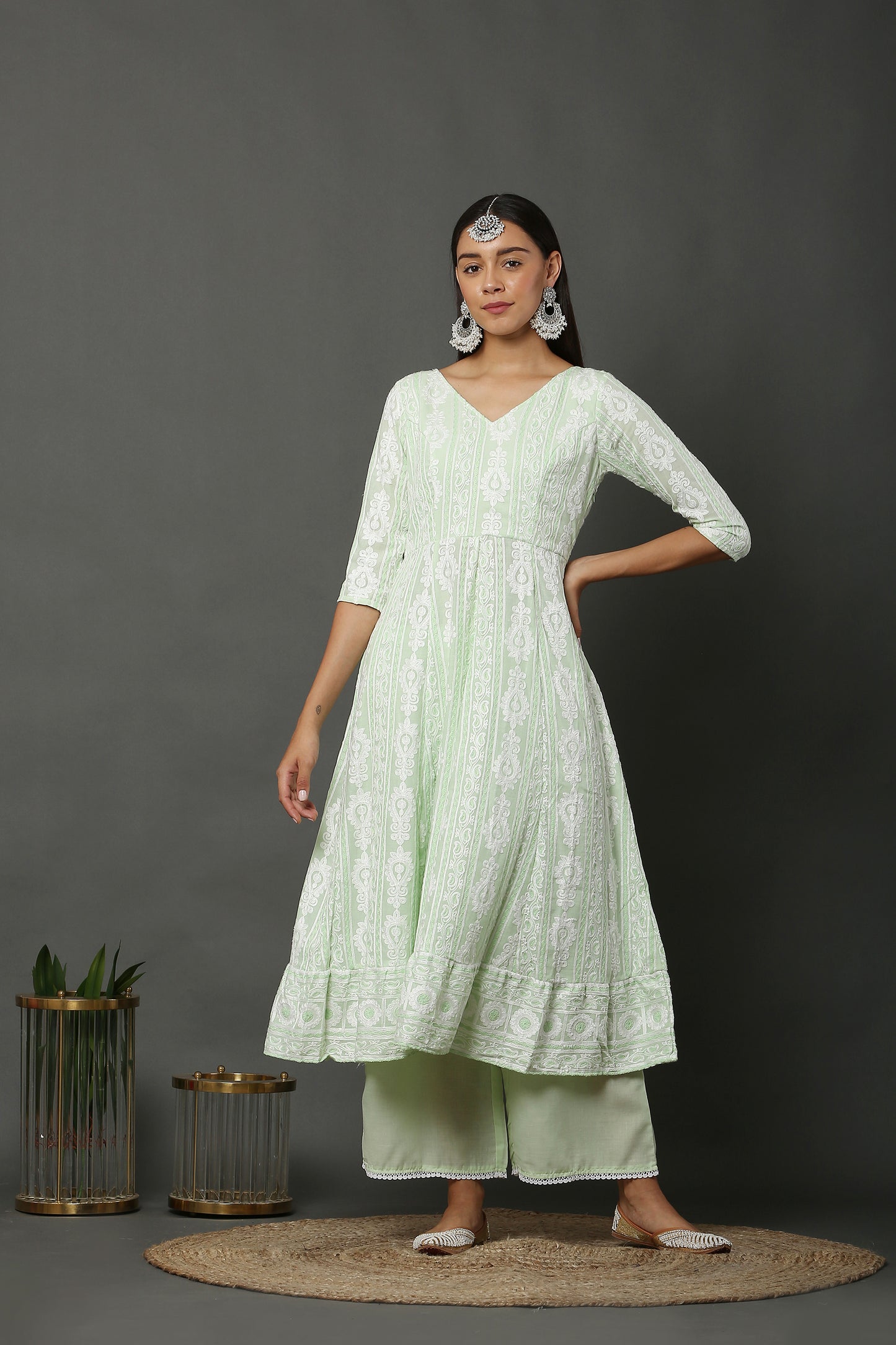 Lime Chain Stitch Embroidered Kurta Set with Dupatta