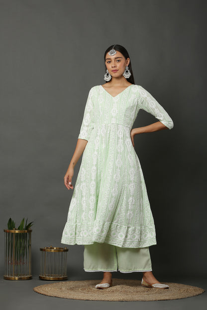 Lime Chain Stitch Embroidered Kurta Set with Dupatta