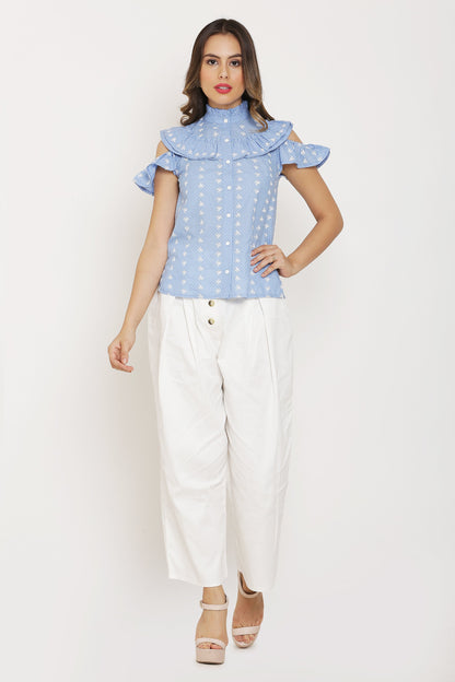 Blue and White Dot Print Top