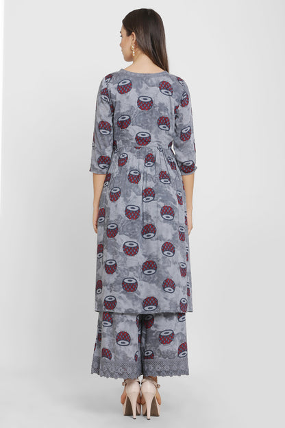 Grey Drum Print Kurta Set