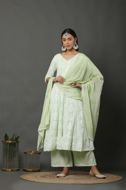Lime Chain Stitch Embroidered Kurta Set with Dupatta