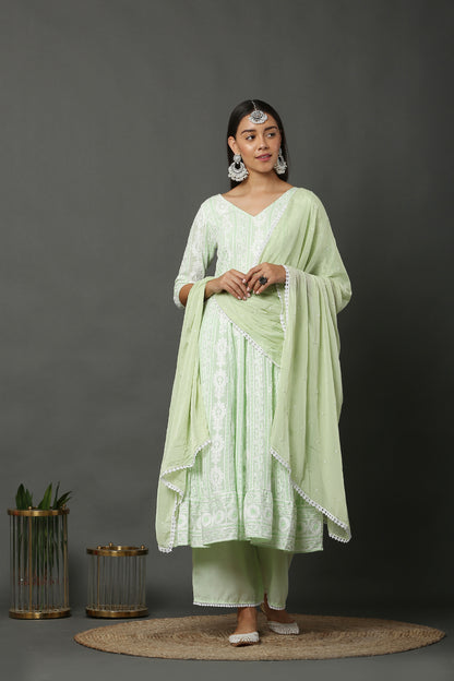Lime Chain Stitch Embroidered Kurta Set with Dupatta